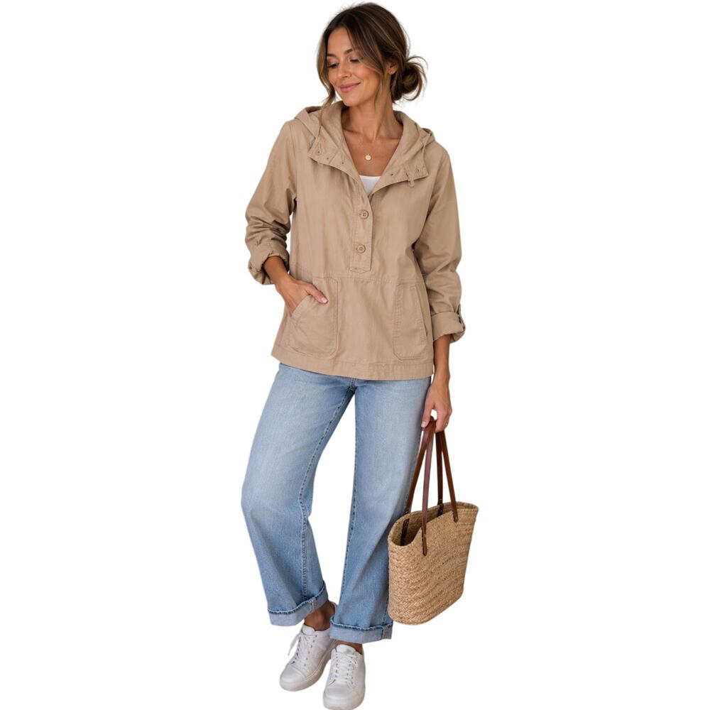 J.Crew Heritage Silhouette Women’s Hooded Pullover Jacket Tan Size L Cotton
